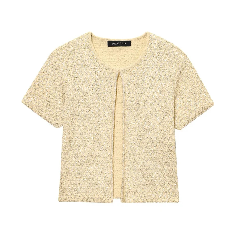 

2025 Women's New Jacket Summer Yellow Short Sleeve Sequin-embellished Knit Jacket Casual Fashion Personality Versatile