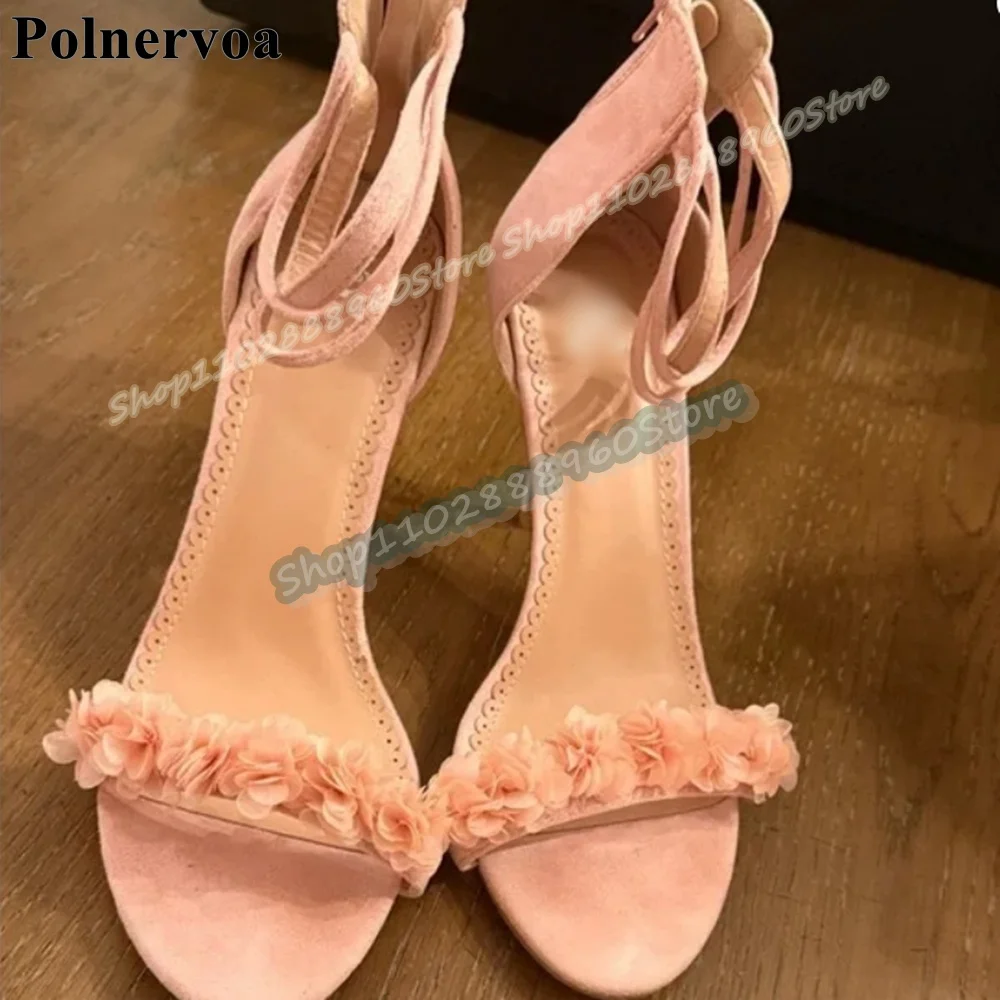 

Handmade Pink Flock Flower Narrow Strap Sandals Stilettos High Heel Shoes For Women Back Zipper Open Toe Casual Stylish Sandals