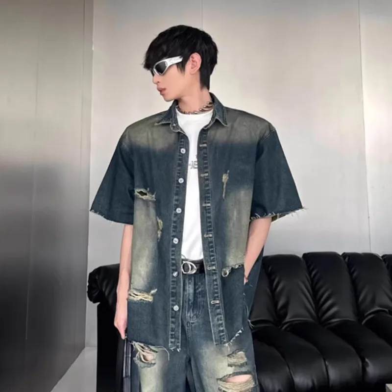HKSH Spring Summer New Men Tide Fashion Washed Distressed Shoulder-Padded Denim Shirt Niche High Street Niche Design Top HK21562