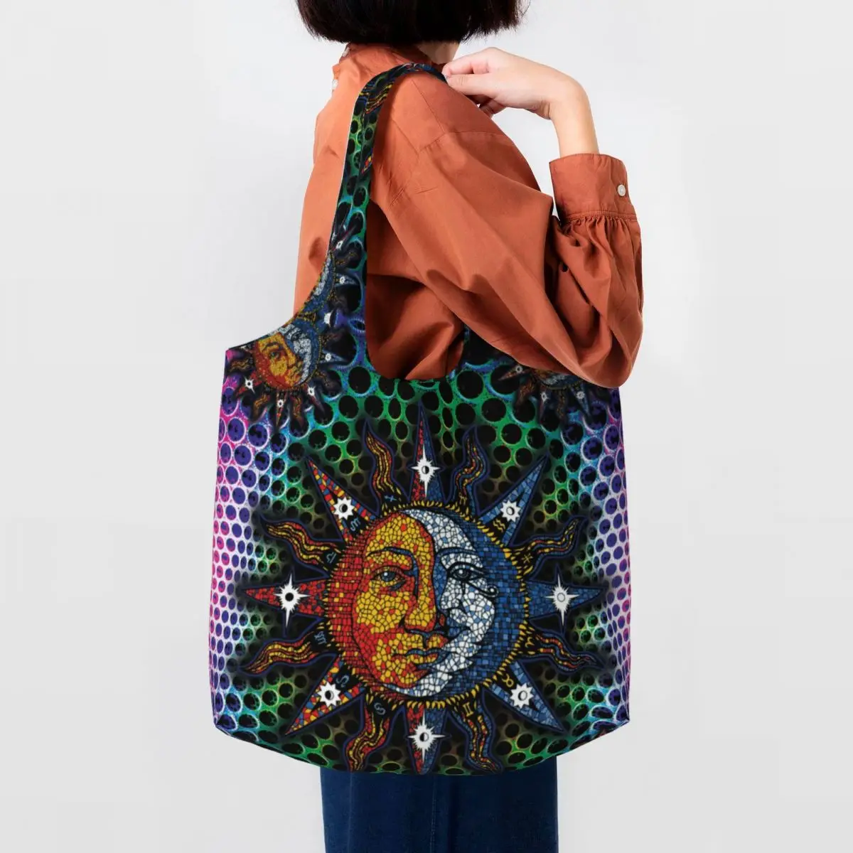 Custom Reusable Cosmic Celestial Mosaic Sun Moon Shopping Bag Women Shoulder Canvas Tote Bag Portable Groceries Shopper Bags