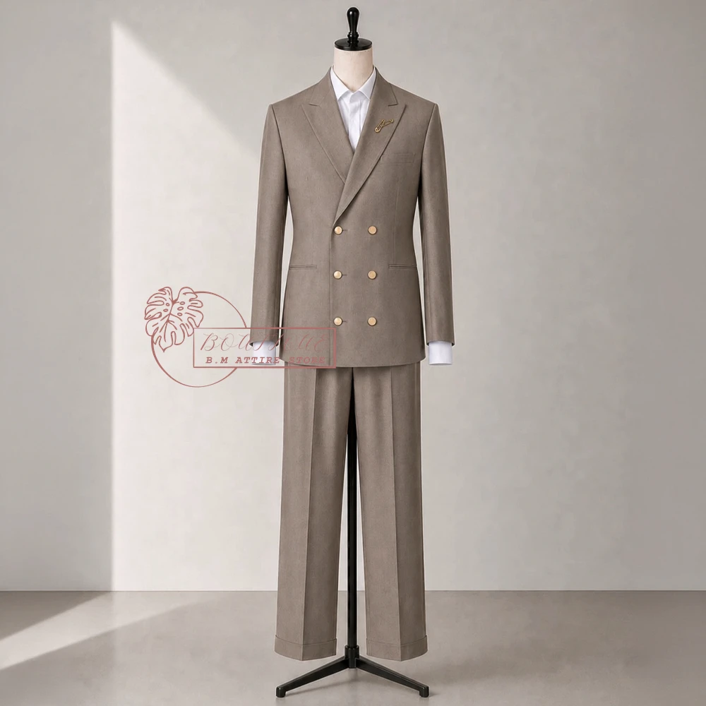 British Men's Luxury Double Breasted Coat Suit Khaki 2pcs Set Jacket Pants Custom Formal Outfit for Wedding Grooms Dinner Party
