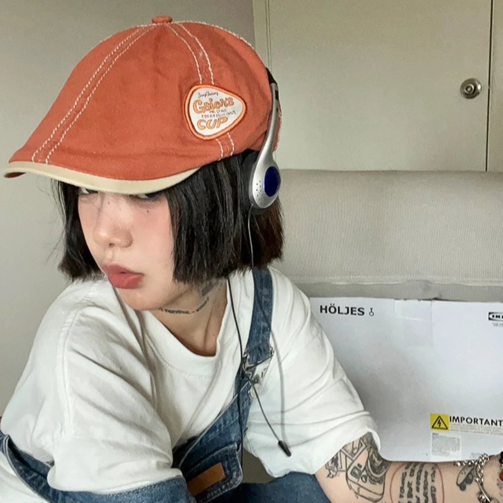 

Adjustable Vintage Newsboy Flat Cap Embroidery Japanese Style Painter Hat Patchwork Y2k Beret Spicy Girl