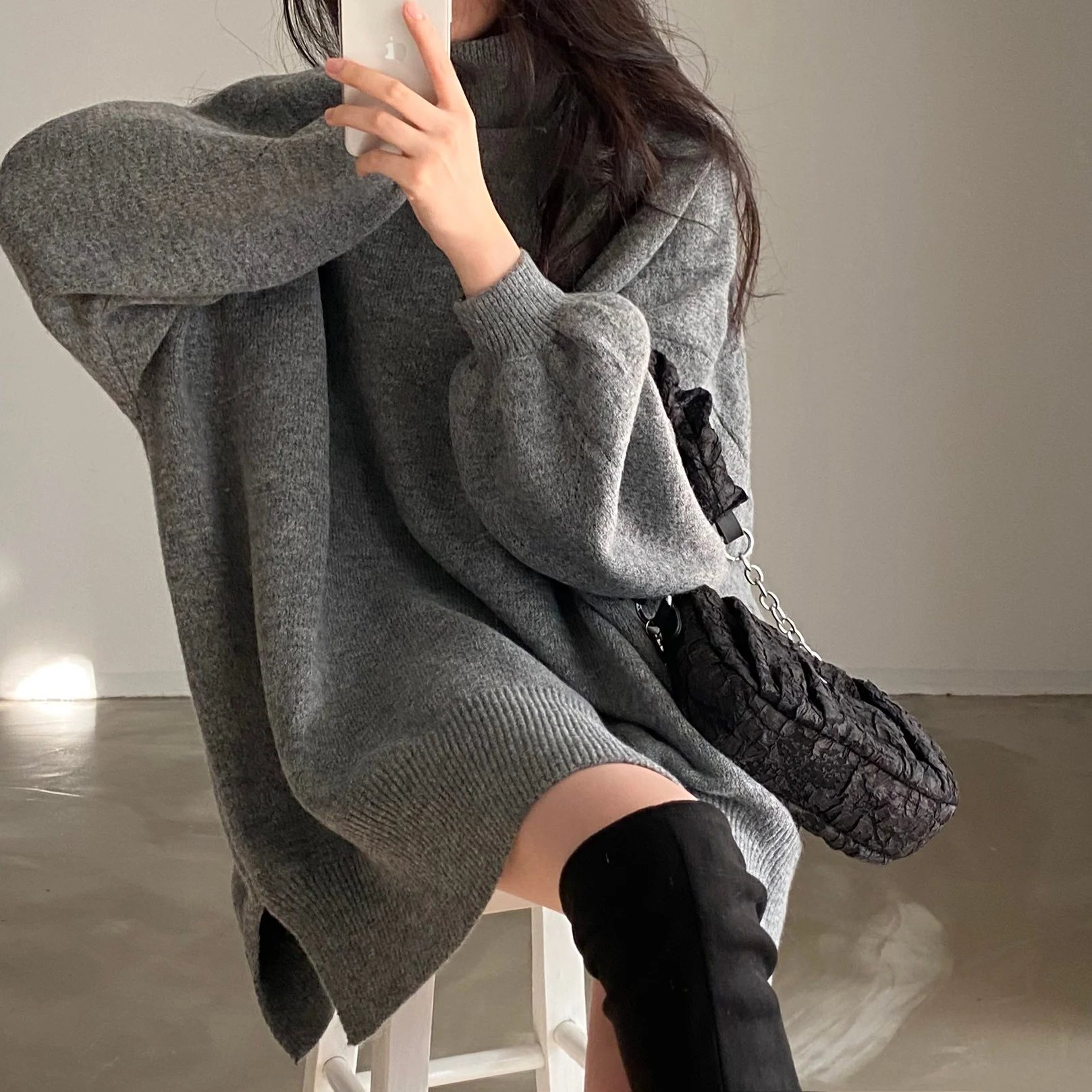 Chic Lazy Sle High Collar Warm Knitted Sweater Women's Mid-Length Pullover Top Winter 2025 Faion Polyester Fiber 00%