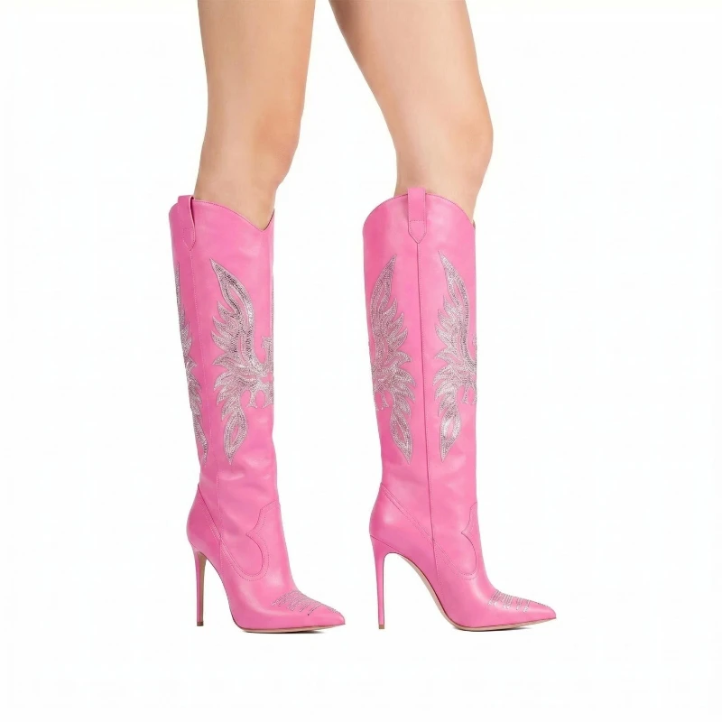 Women Vintage Embroidery Cowboy Knee High Pointed Toe Stiletto Heel Western Tall Boot, Fashion Cowgirl Party Footwear Big Size