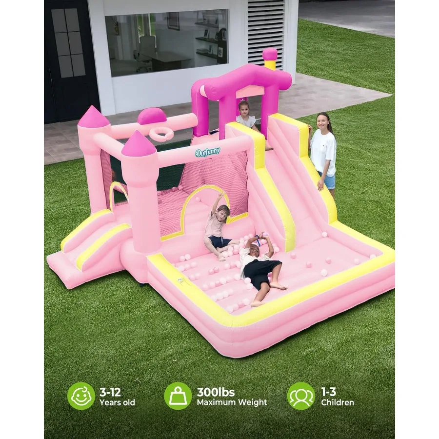 Casa de rebote inflable, castillo inflable grande para tobogán, soplador de 450W para exteriores e interiores, color rosa