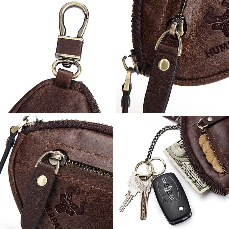 100% Genuine Leather Key Wallet Vintage Zipper Coin Purse High Quality Keychain Cover for Keys Organizer