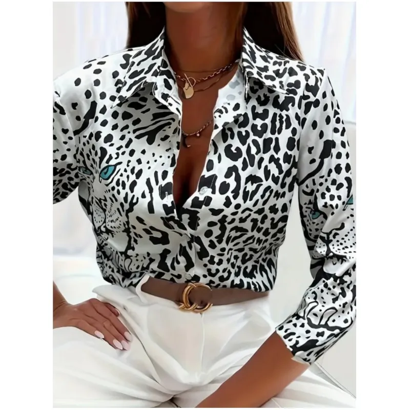 Women's shirt elegant and fashionable long sleeved personalized trendy style printed pattern lapel button up shirt top for women