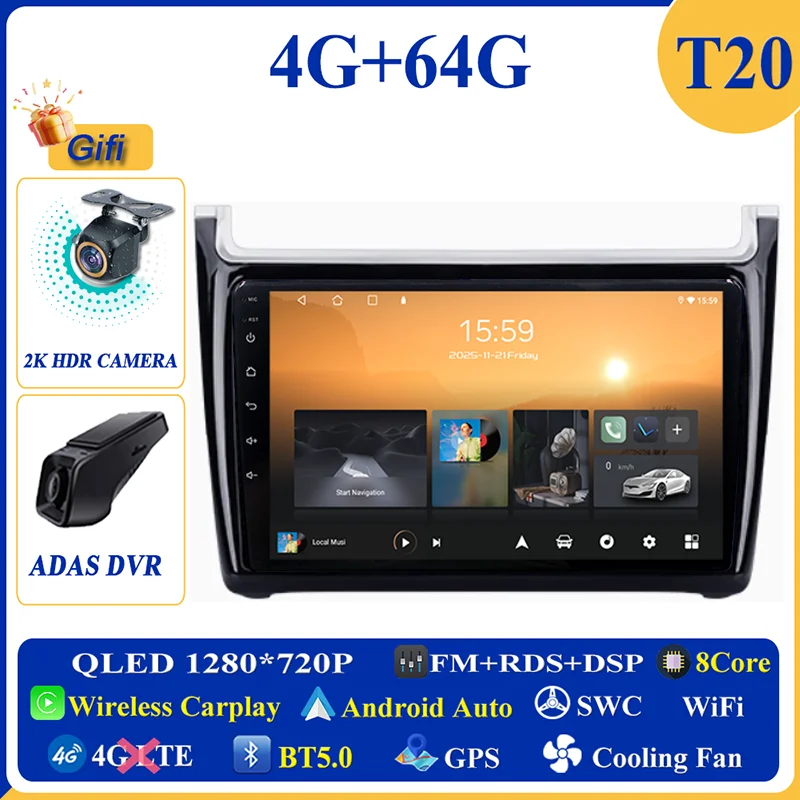 Android 16 Carplay Auto voor VW Volkswagen POLO 5 2008 - 2017 autoradio multimediaspeler navigatie GPS geen 2Din 2 Din DVD - afbeelding 1