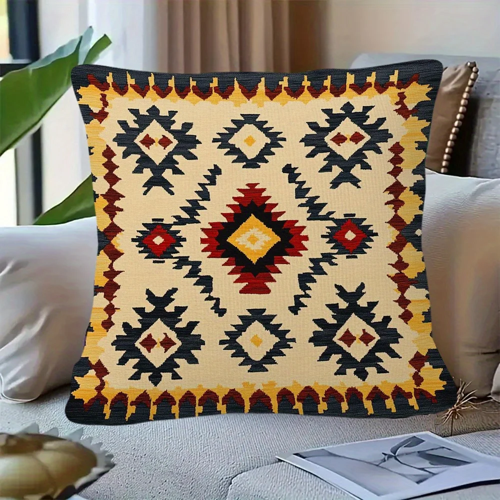 Boho Geometric Pillow Case, Vintage Ethnic Kilim Style Cushion Cover Retro Aztec Pattern Home Decor for Sofa Living Room Bedroom