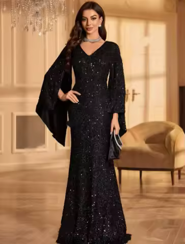 Elegant Women's Chiffon Paneled Sequin Evening Dress for Weddings &amp; Parties - Round Neck, Flared Cuffs