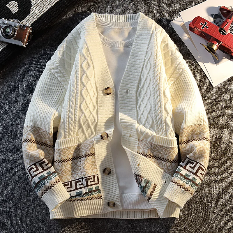 2025 Ethnic Jacquard Knit Cardigan Japanese Retro Casual Versatile Sweater Loose-Fit Sweater Jacket Couple Knitwear