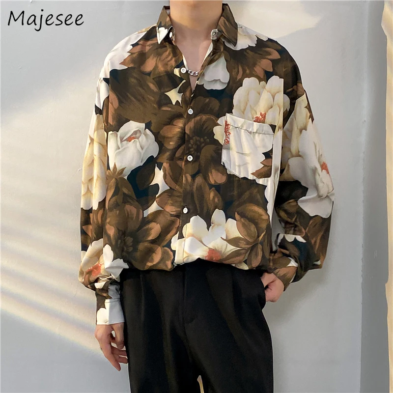 Brown Shirts Men Japanese Streetwear Hip Hop Harajuku Handsome Casual Autumn Camisas Hombre Fashion Print Long Sleeve Stylish