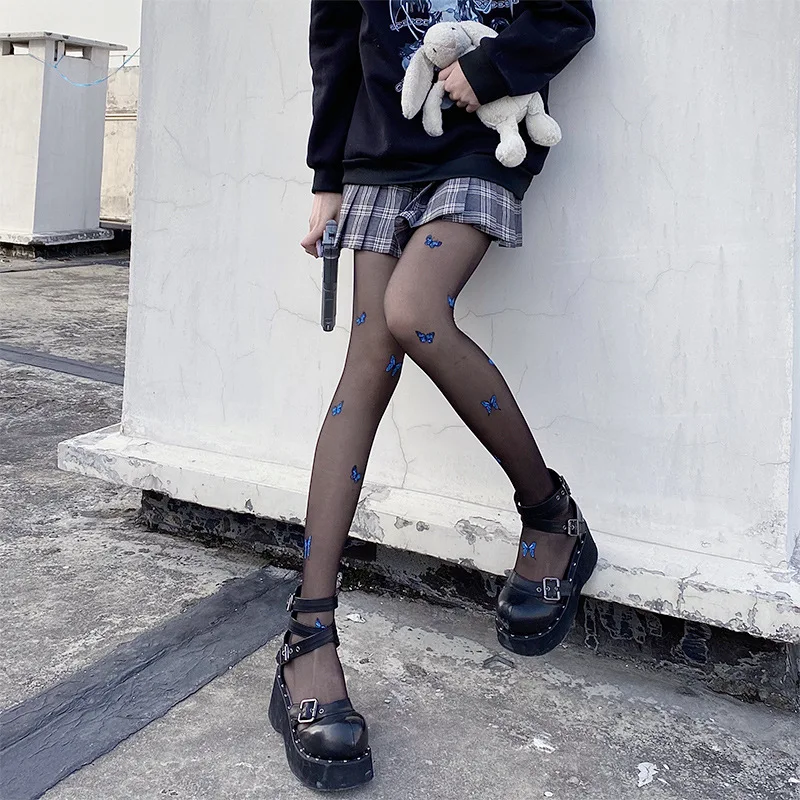 Black Silk Sexy Spring, Summer and Autumn Thin Blue Butterfly Printing Letter Tik Tok Trend Anti-hook Silk White Socks Children