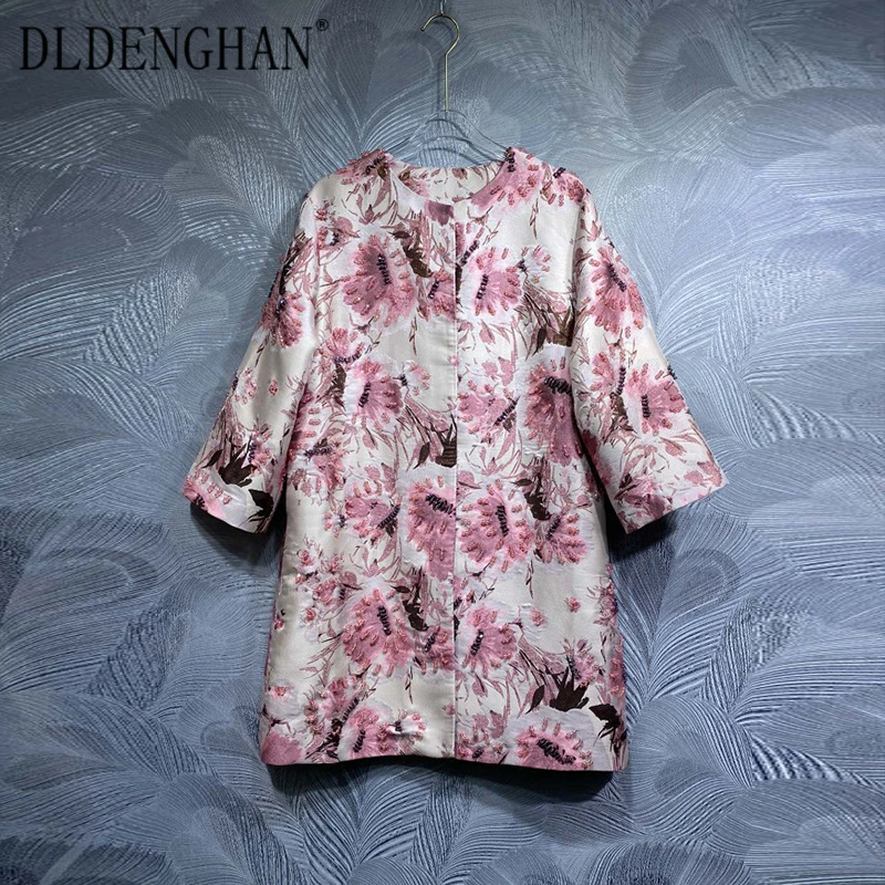 

DLDENGHAN Autumn Beading Covered Button Coat Women O-Neck Three Quarter Sleeves Flower Print Vintage Outerwear Fashion Designer