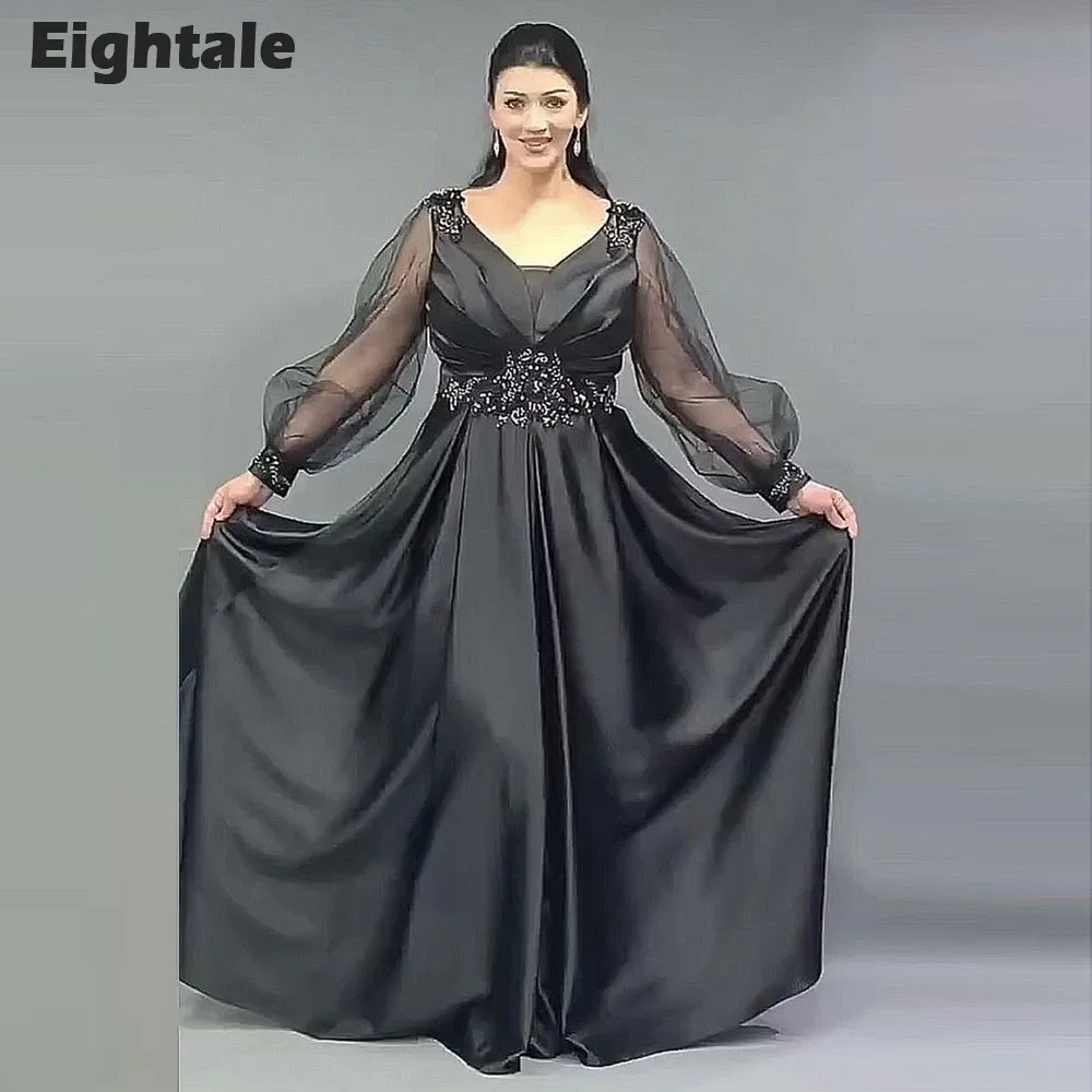 

Eightale Vintage Evening Dresses V-Neck Satin Long Sleeves Appliques Beads A-Line Prom Wedding Party Gown Vestido De Fiesta