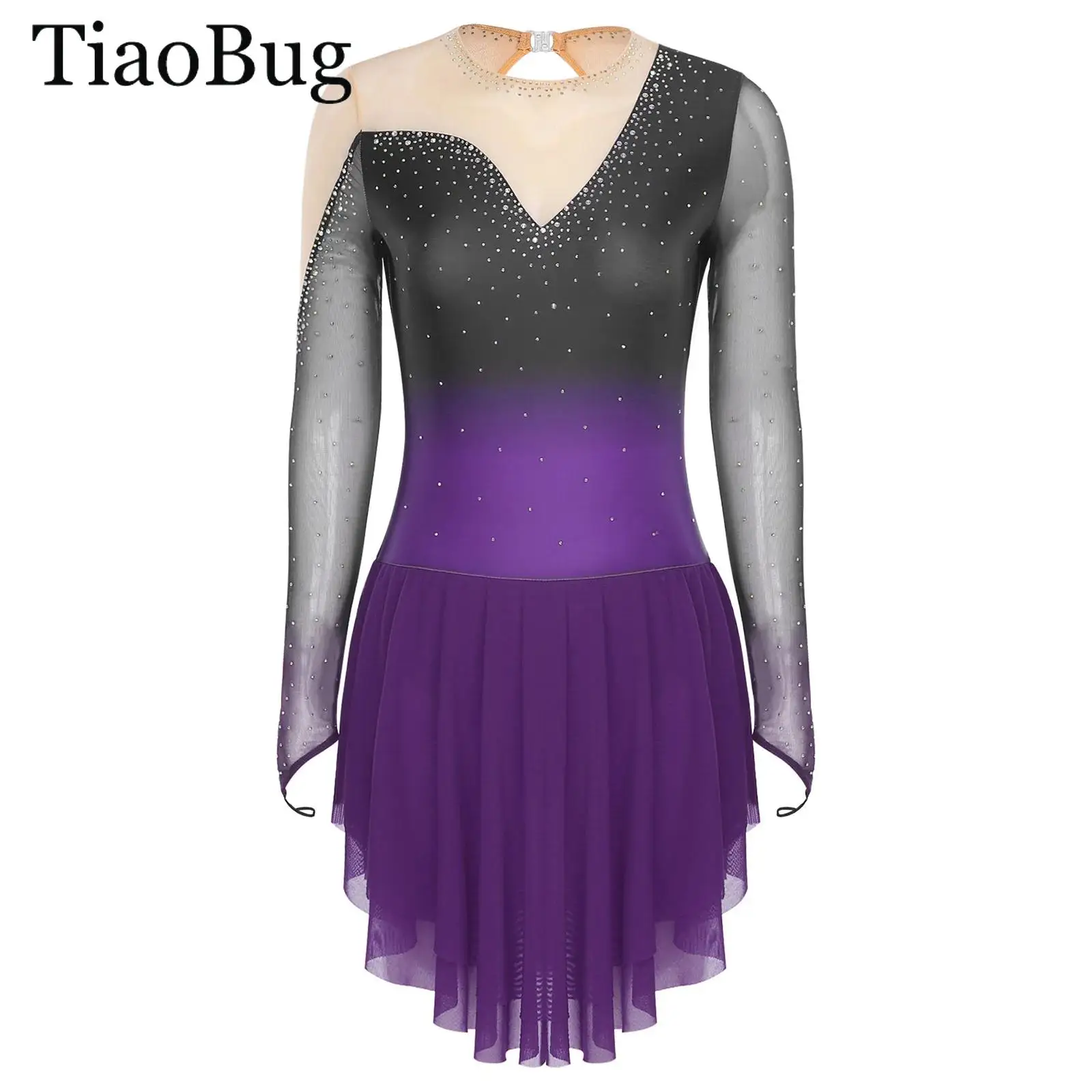 

Women Lyrical Dance Dress Glitter Waltz Figure Skating Costume Irregular Mesh Built-in Briefs Gymnastics Ballet Leotard Dancewea