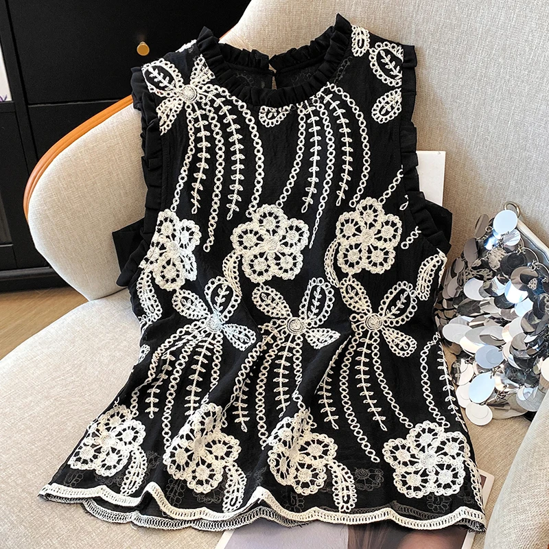 

Spriing Summer Women Embroidery White Flower Sleeveless Lace Patchwork Black Top Shirt , Woman Clothing Tops Shirts