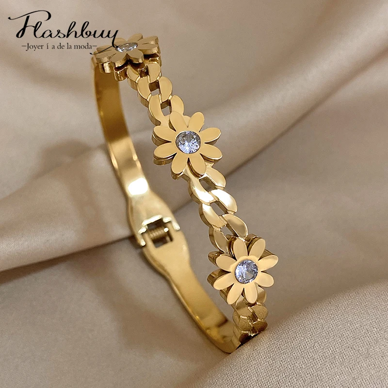 Flashbuy Inlaid White Zircon Charm Gold Color Daisy Stainless Steel Bangles Bracelets for Women New Design Waterproof Jewelry