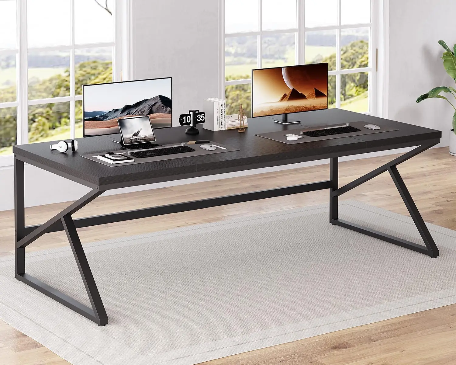 Hsh Extra Long Black Computer Desk, 78 Inch Large Home Office 2 Person Desk, Industrial Metal Wood Double Desk For Executive