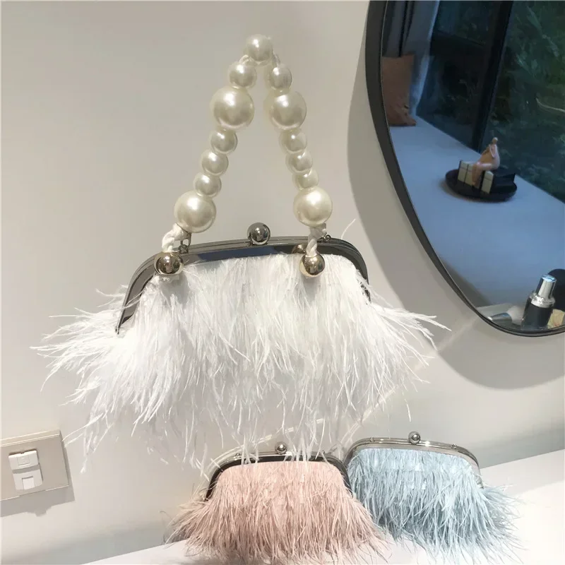 Luxury Design Women's Pearl Chain Handbags Faux Ostrich Fur Evening Bags Fashion Pink Purses Furry Clutch with Crossbody Chain - view 3