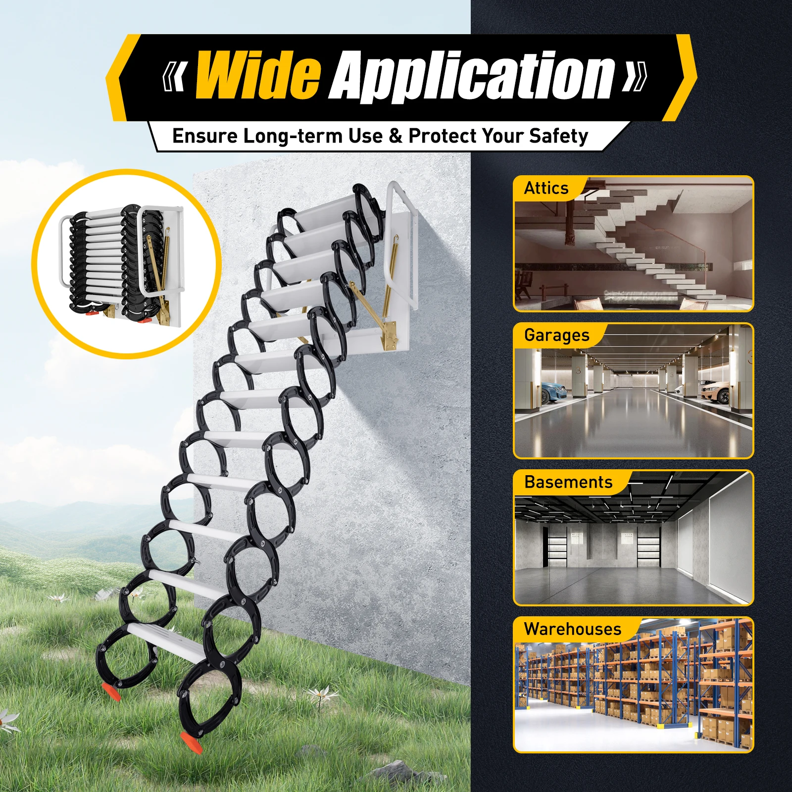 Folding Attic Ladder Wall-Mounted 12 Steps 2 Safe Handrail Durable Black White Anti-Slip for Attics, Garages, Roofs