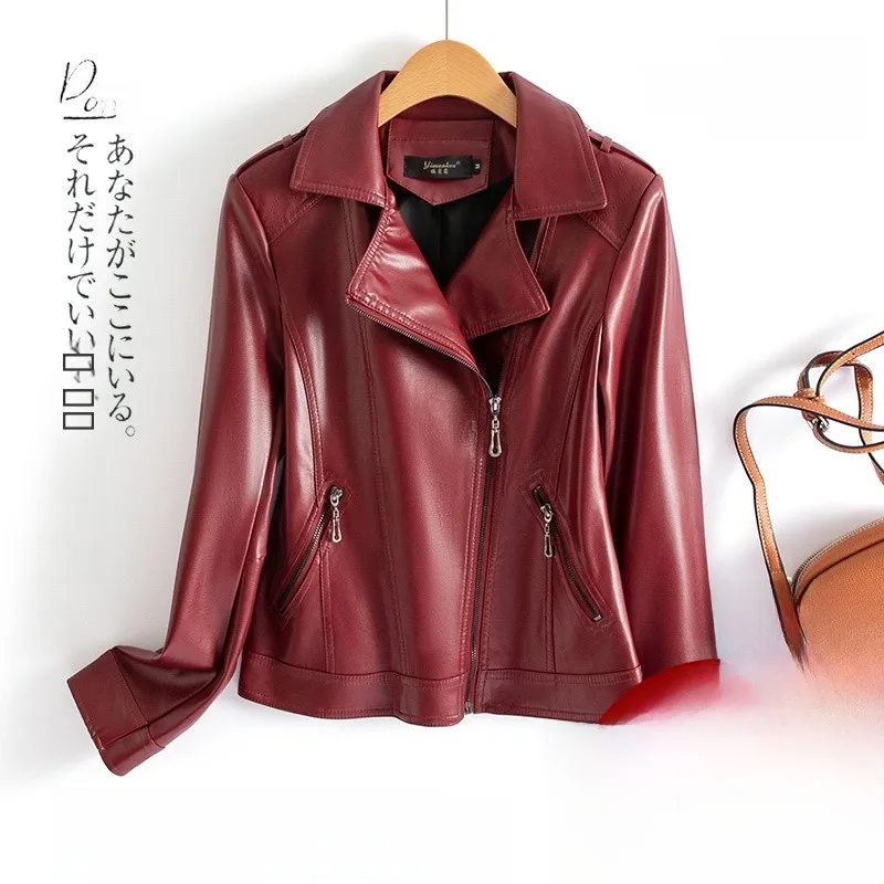   Jaqueta Feminina de Couro Genuíno Ning, Estilo Curto, Nova Coleção Primavera Outono 2025, Jaqueta de Motociclista em Pele de Carneiro Tamanho Grande para Mulheres