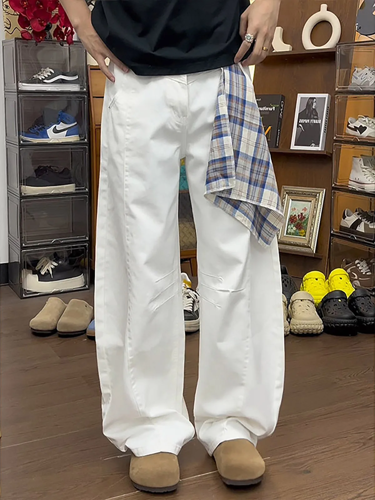 American Decomposition White Knife Jeans Men's Loose Straight Leg Pants Check Design Sense Daily Wear Straight Tube Trousers