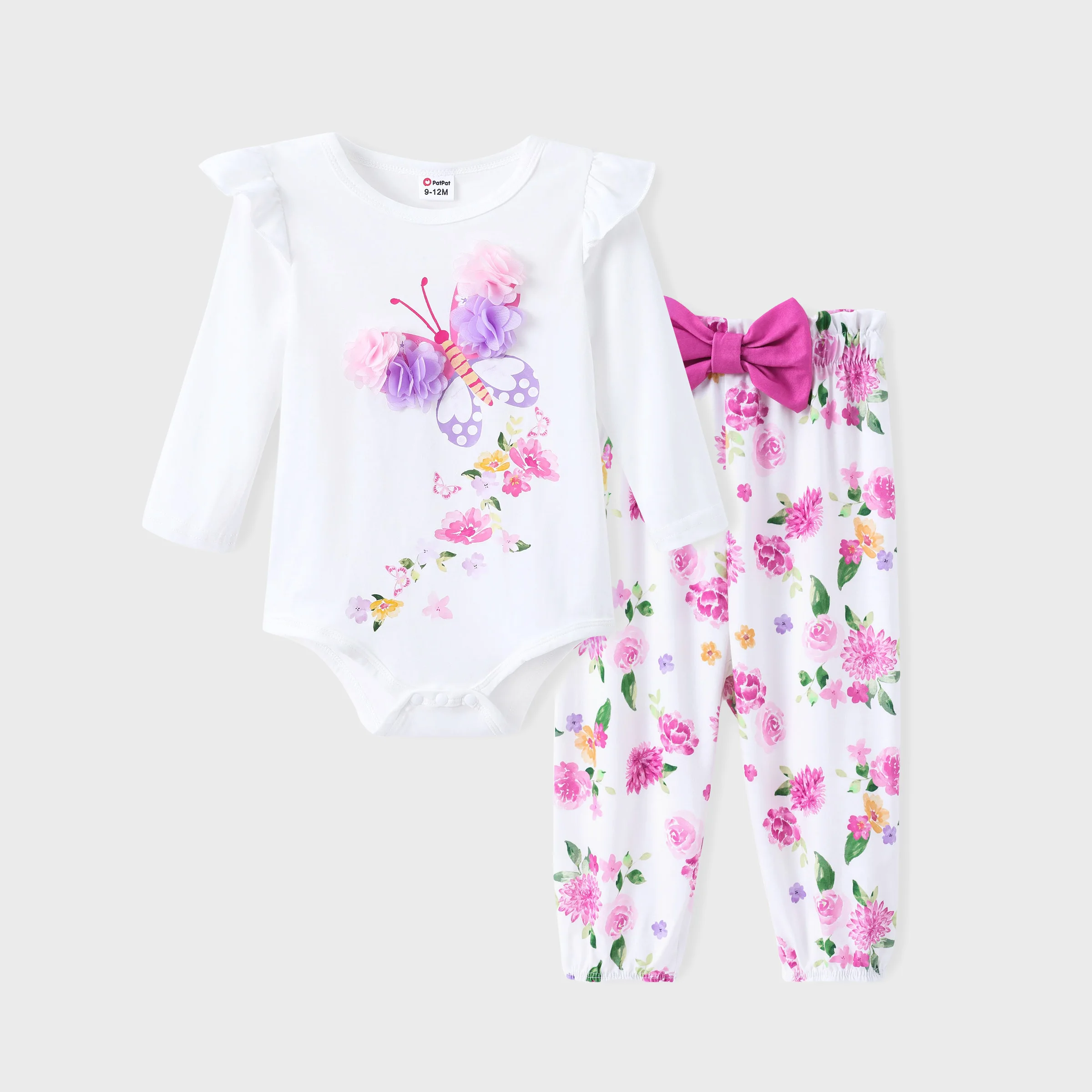 

PatPat Baby Girl 3pcs Floral Print Romper and Pants with Headband Set