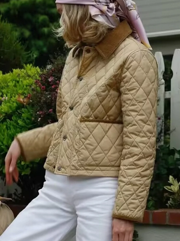 

New Women Autumn Winter Vintage Diamond Plaid Cotton Long Sleeve Jacket Female Versatile Single-breasted Pockets Casual Coats