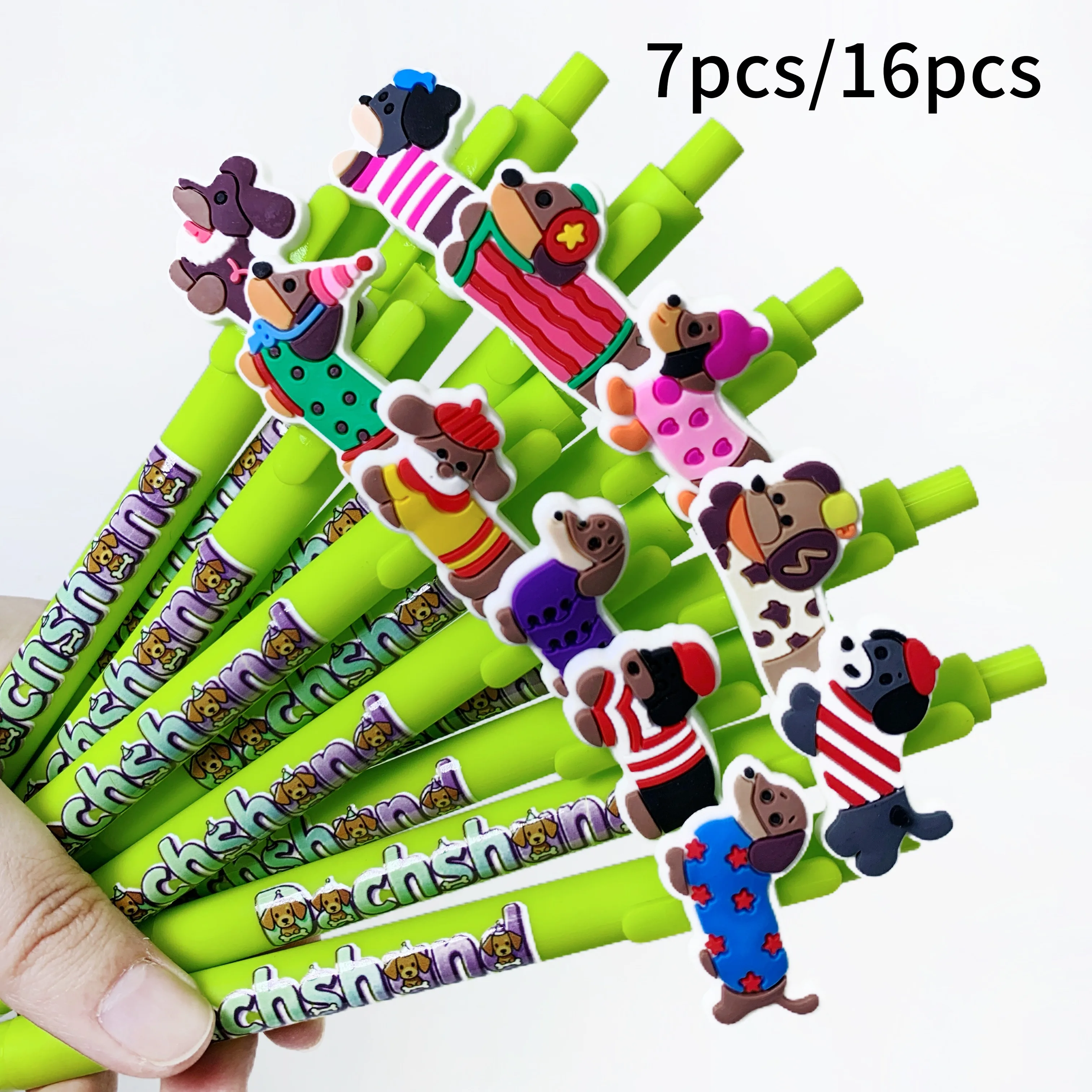 

7pcs/16pcs Green Animal Puppy Series Writing Pens - Creative Dachshund-shaped Ballpoint Pens