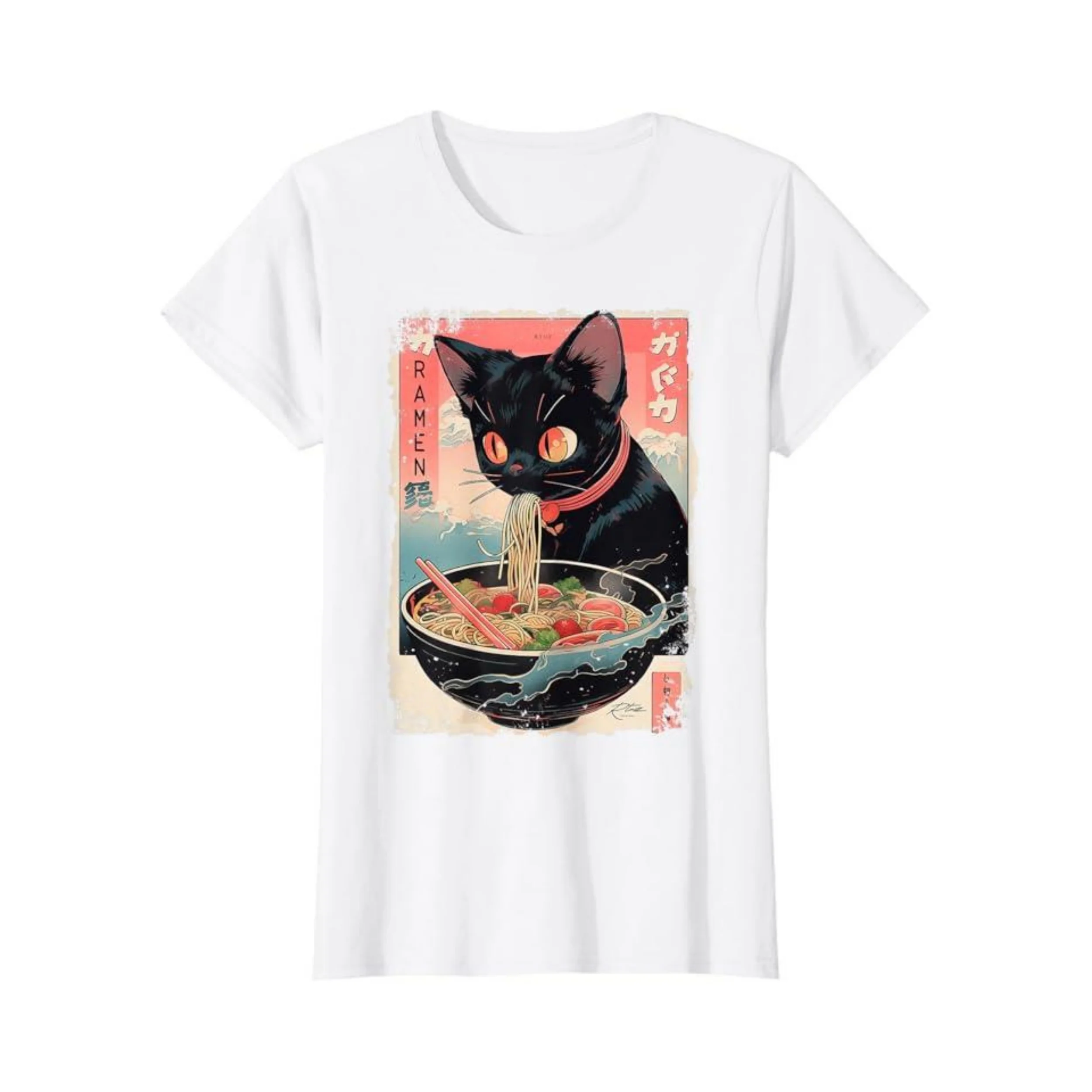 Cat Ramen Noodle Japanese Anime Manga Ramen Kawaii Cat  Women's Crew Neck Fashion High Quality 100% Cotton T-Shirt 01232