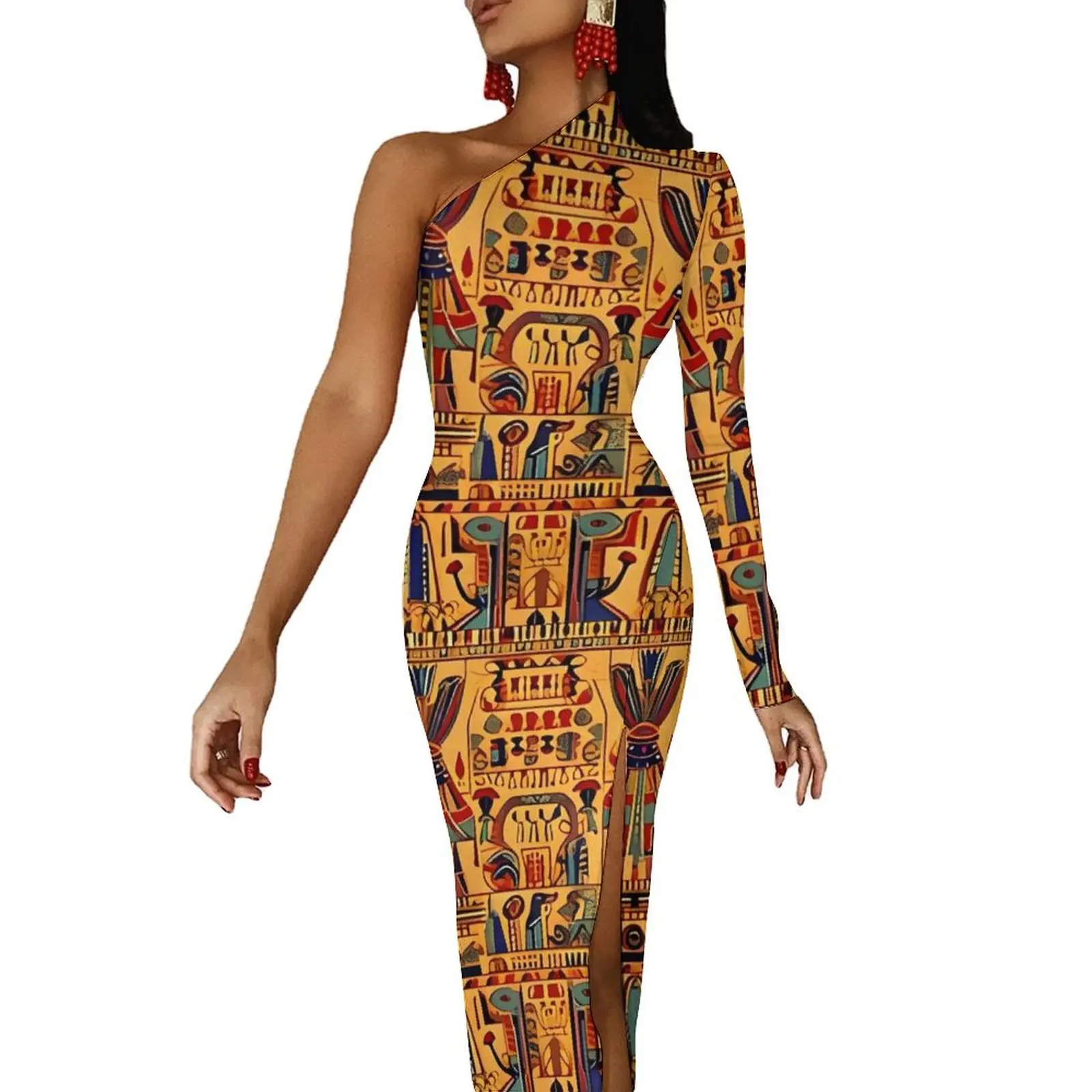 Ancient Egyptian Art Long Dress Ladies Retro Pattern Aesthetic Maxi Dress Autumn Pretty Bodycon Dresses High Slit Custom Vestido