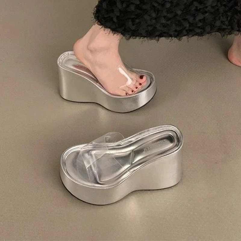 PVC Transparent High Heels Slippers Women Wedges Shoes Platform Sandals 2024 Summer Slides Flip Flops Slingback Pumps Zapatos