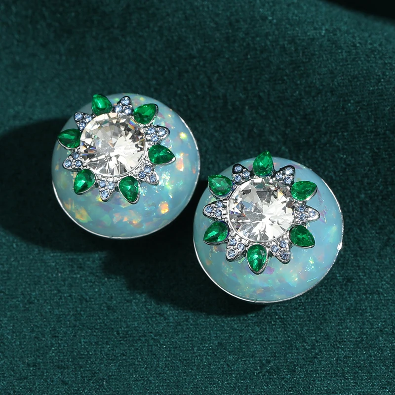 

Vintage Ice Blue Round Glass Stud Earrings White Green Rhinestone Inlaid Sunflower Zircon 2026 New Trends High Quality For Women