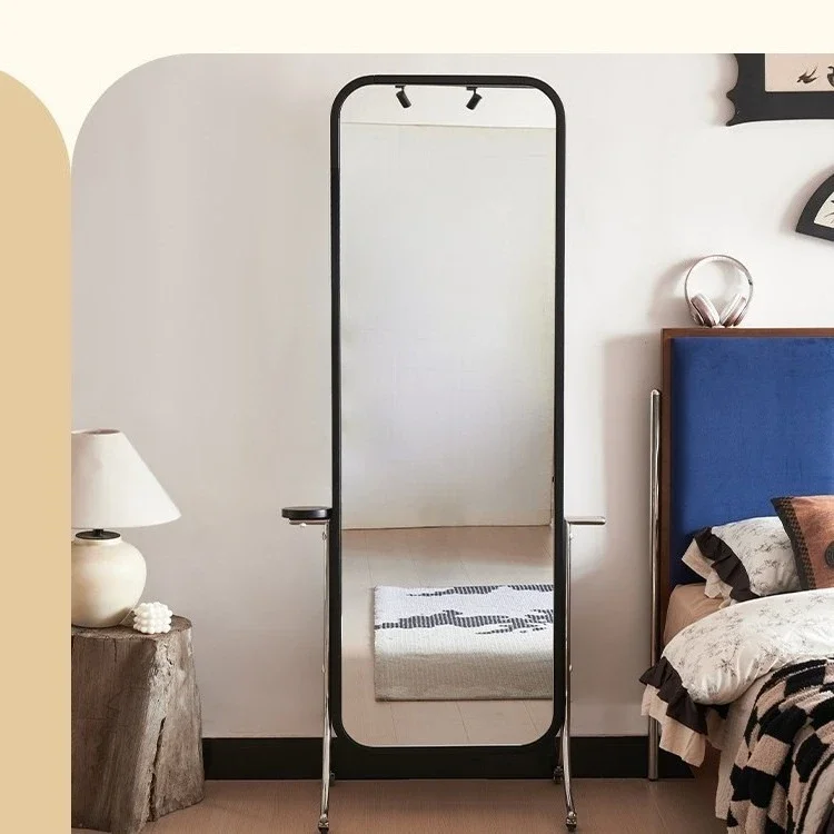 Medieval red oak movable full-body mirror rotating household light luxury storage magazine rack dressing mirror