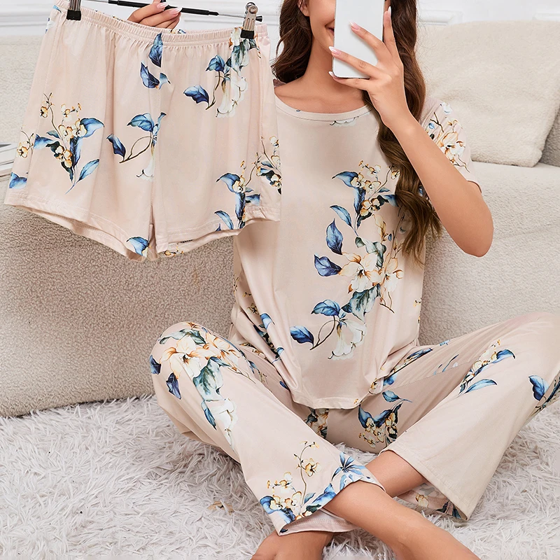 Women's 3 Piece Short Sleeve Crew Neck Top With Shorts And Pants Loungewear Sleepwear Lounge Sets Nighty Print Casual Pajama Set