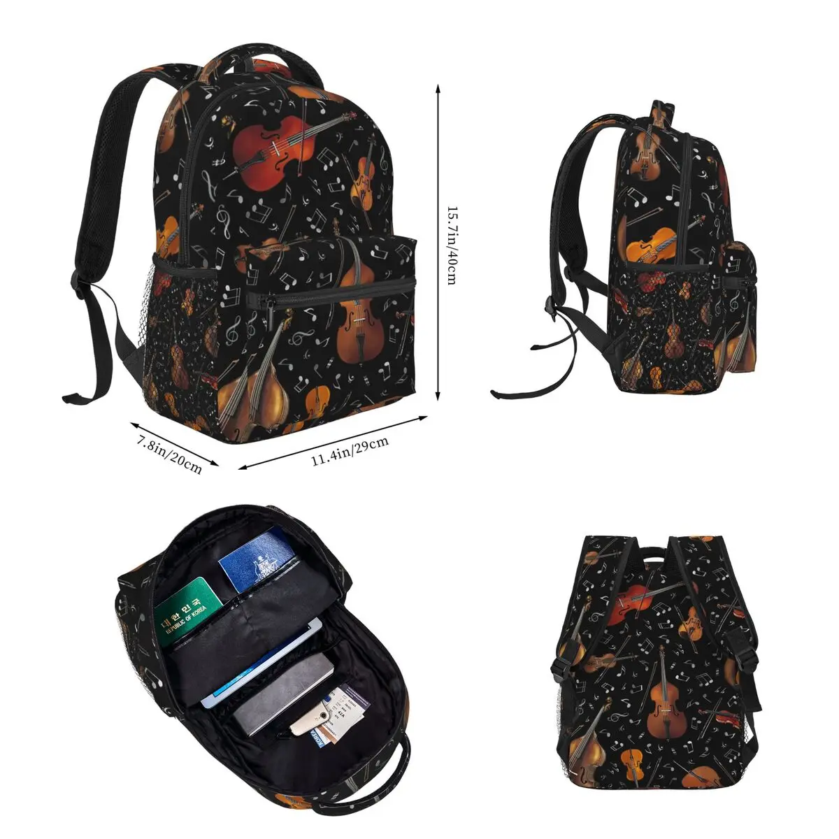 Violin Music Notes On Black Backpacks Boys Girls Bookbag Children School Bags Kids Rucksack Lunch Bag Pen Bag Three-Piece Set