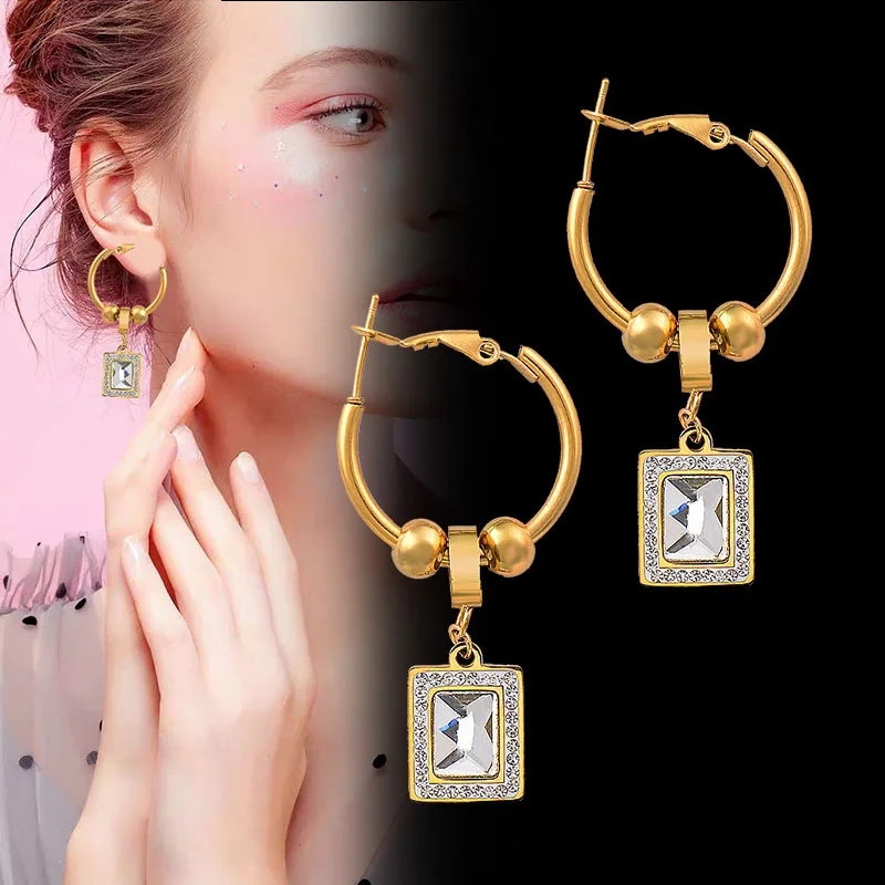 SINLEERY Stainless Steel Square Heart Crystal Drop Hoop Earrings For Women Fashion Jewelry Accessories DL120 