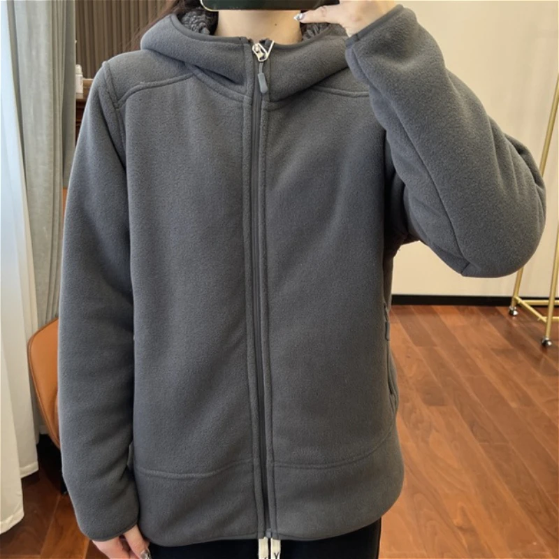 

2026 Women Fleece Hoodies Spring Sweatshirts Zipper Pockets Long Sleeves Hooded Thick Loose Y2k Casual Office Lady Autumn Winter