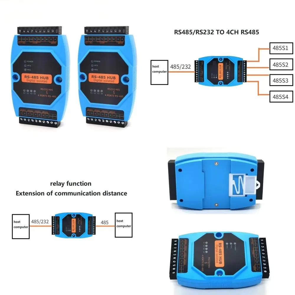 RS485/RS232 to 4-channel RS485 Converter Industrial Hub Relay Extend Communication Distance