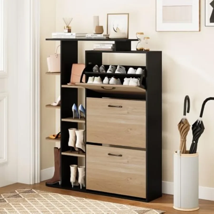 Shoe Storage Cabinet for Entryway with Wood Material, Natural Color, 3 Flip Drawers + 8-Tier Side Open Shelves, Space-Saving Na