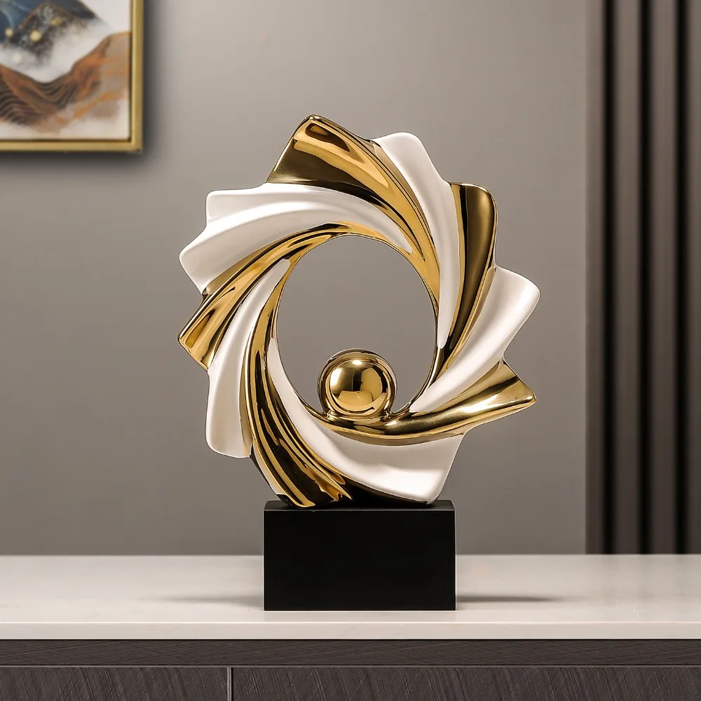 Modern Abstract Ceramic Sculpture White Gold Swirl Statue with Black Base Luxury Desktop Ornament for Living Room Decor Gift