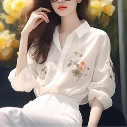 Korean Commute Solid Printing Chiffon Blouses 2024 Spring Summer New Women's Loose Button Polo-Neck Thin Long Sleeve Chic Shirts