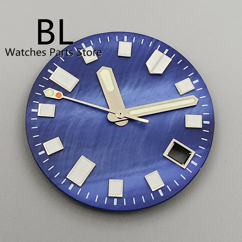 BLIGER 29mm Mother Pearl Watch Dial Blue White Index Green Luminous For NH35 Automatic Movement Men's Watch AccessoryDate Window