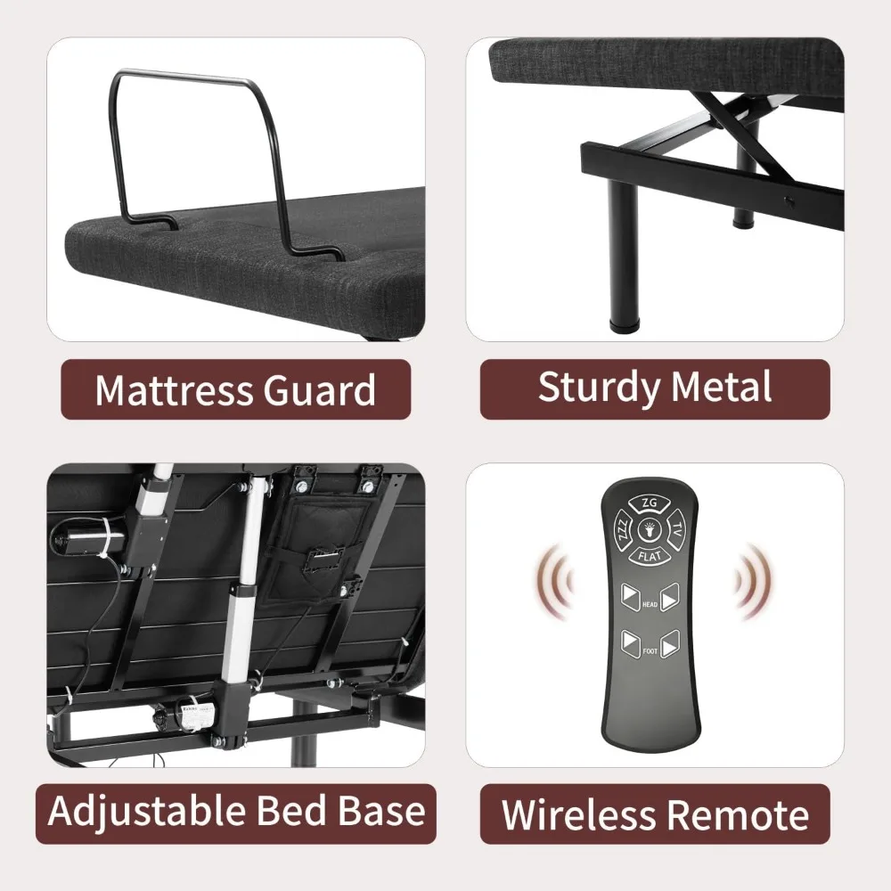 إطار سرير قابل للتعديل، أسرة قابلة للتعديل مع إطار سميك محدث، جهاز تحكم عن بعد لاسلكي، رفع منفصل للرأس/القدم، بدون جاذبية