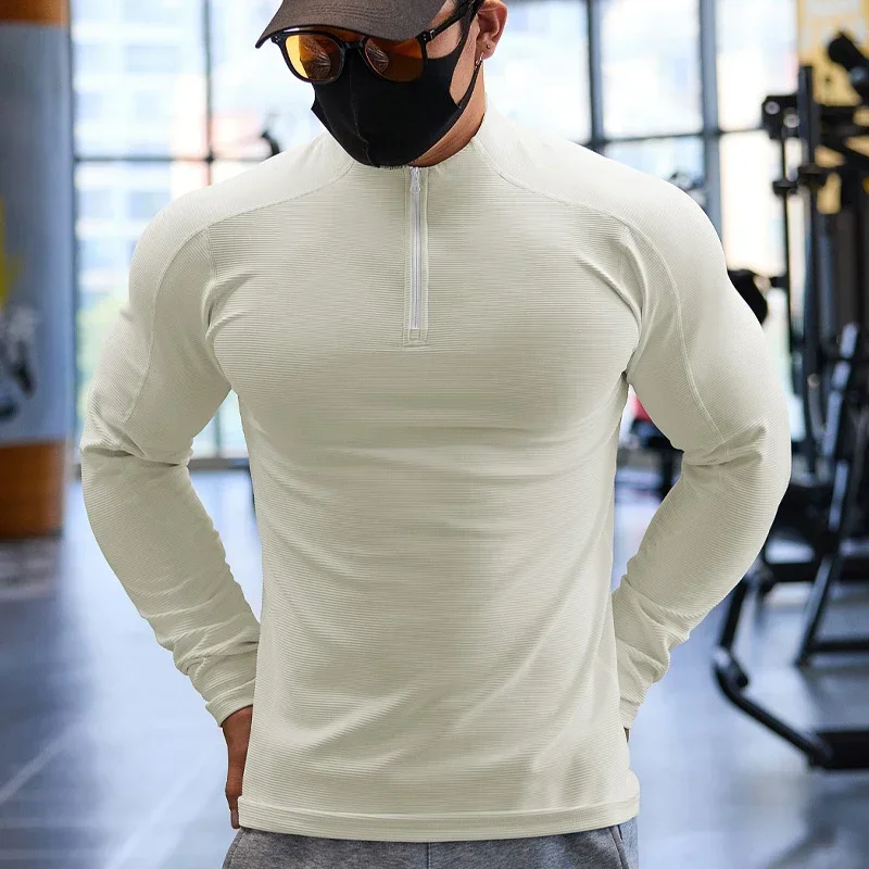 Sports Fitness Jacket Men Autumn Thicken Elastic Quick-drying Slim Gym Training Clothes Outdoor Running Stand-up Zipper Top