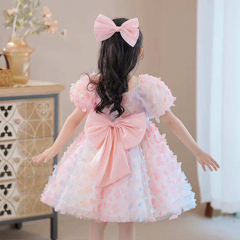 Customized Ball Gown Sweet Flower Girls Dresses Contrast Color Puff Sleeve Princess Dress Tiered O-neck Elegant Temperament Birt