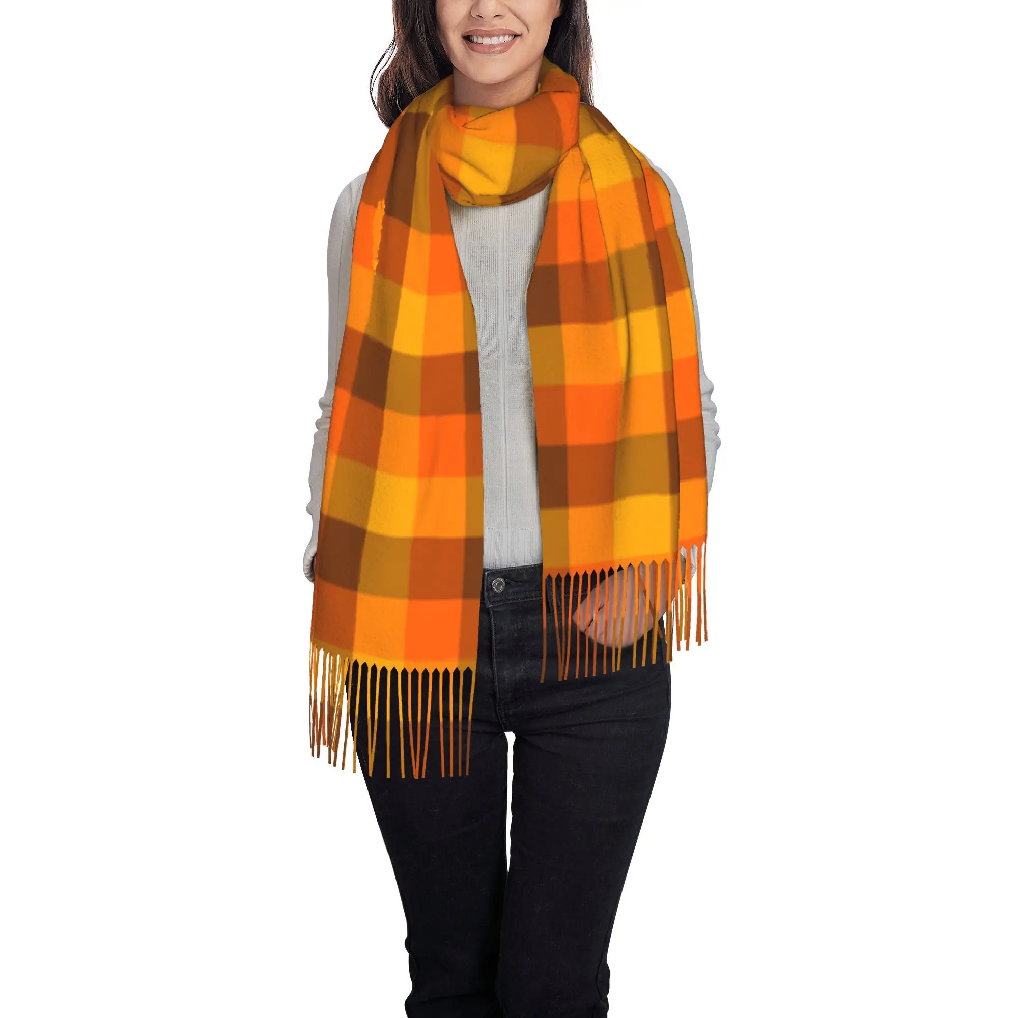 1pc 2D Flat Printing Autumn Warm Orange Brown Square Grid Decor Pattern Shawl, Fall Easy Warm Birthday Wrap