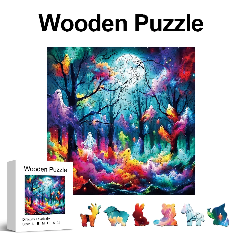 

Деревянный пазл Ghost Forest для взрослых, уникальные фигурные элементы, изысканная подарочная коробка, тренировка для мозга, декор для комнаты, праздничные подарки