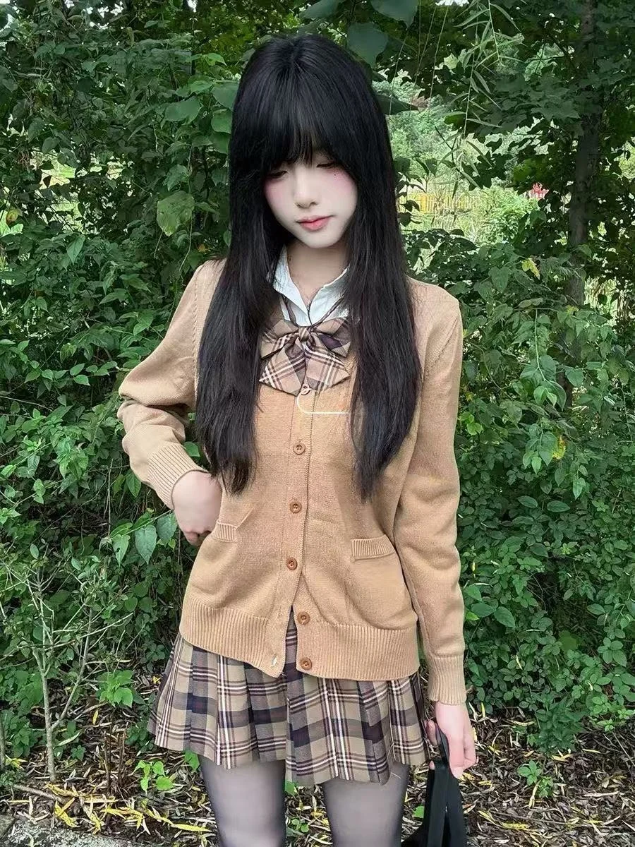 

Оригинальный японский вязаный кардиган для девочек-студенток, длинный свитер свека с клетчатой юбкой, коричневый для женщин, осенняя мода